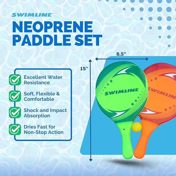SWIMLINE Neoprene Pool & Beach Accessory for Active Group Play, Backyard Games, and Water Sports – 2-Player Waterproof Paddle Set with Soft Ball, Red & Green