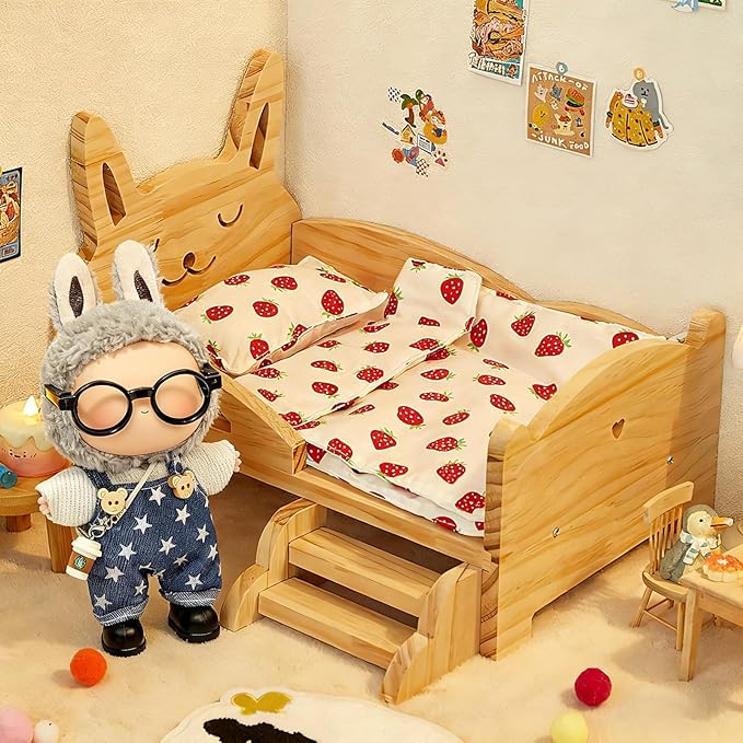 Wooden Bed Set for Labubu Doll, Accessories Include Side Ladder Mattress Pillow Blanket Strawberry Patterns, Dollhouse Furniture Decor for Room Collection