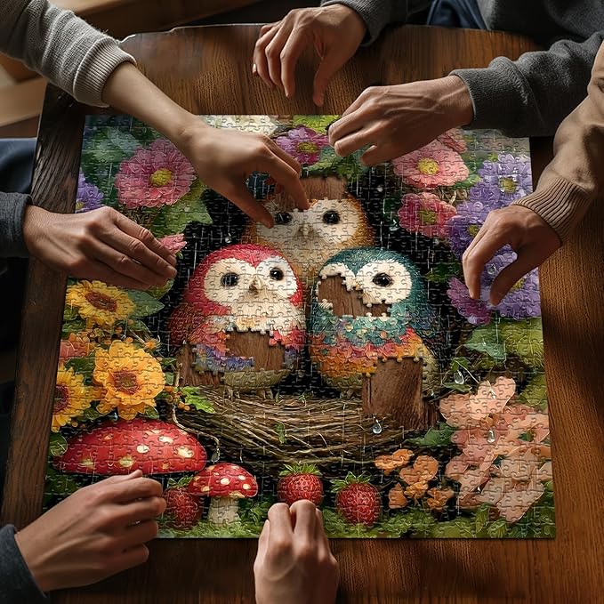 Spring Owl Puzzles for Adults 1000 Pieces, Nature Garden Flower Puzzles with Animal Bird Plant Mushroom, Impossible Hard Challenge Jigsaw Puzzle