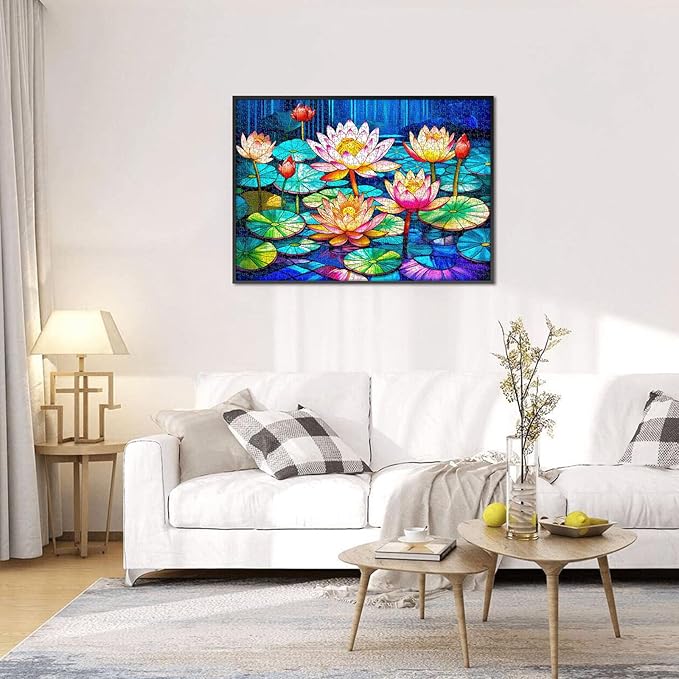 1000 Pieces Stained Glass Puzzle for Adults, Rocorose Waterlily Flower Jigsaw Puzzle, Impossible Hard Difficult Challenging Colorful Lotus Family Puzzle Gift for Game Night