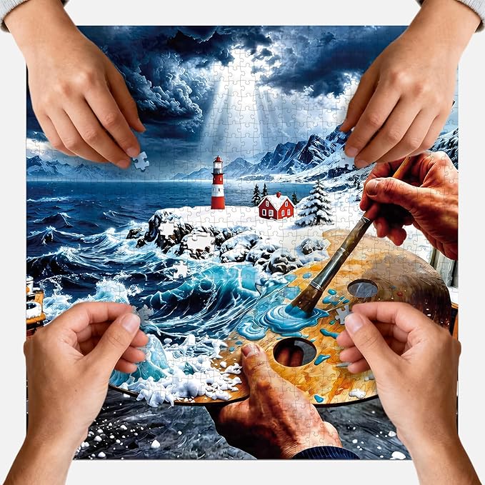 1024-Piece Jigsaw Puzzle for Adults, 3D Surreal Lighthouse Coastal Painting, Family Impossible Ocean Puzzle Wall Decor & Gift for Art & Ocean Lovers, 23.86 x 23.86 Inches