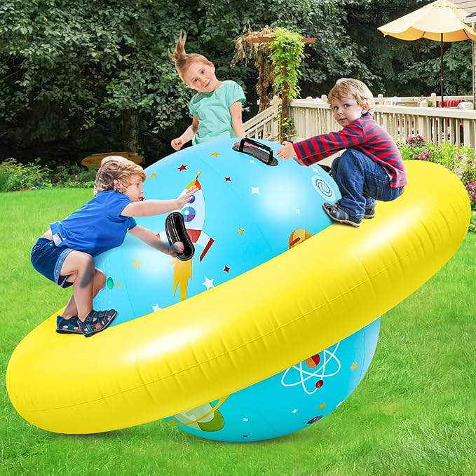 Poen Inflatable Dome Rocker Bouncer 63''L x 63''W x 39''H, Blow up Climbing Rocker Kids Giant Inflatable Bouncer Seesaw Outdoor Roll and Play Seesaw Dome Toddler Gaint Balance Game with 6 Handle