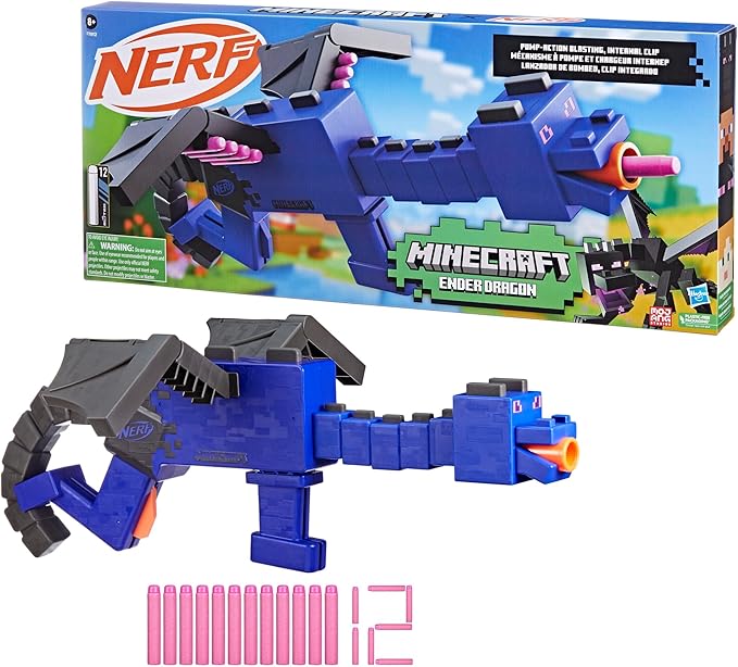 NERF Minecraft Ender Dragon Blaster, 4-Dart Internal Clip, 12 NERF Elite Foam Darts, Design Inspired by Mob in The Game