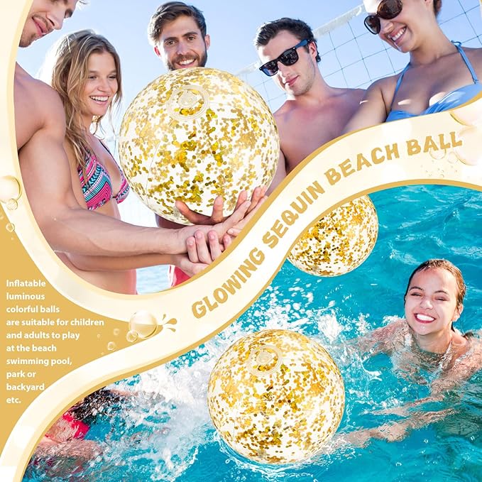 12 Pack 12 Inch Glow in The Dark LED Beach Ball Jumbo Confetti Glitters Inflatable Ball Swimming Pool Game for Party Pool Summer