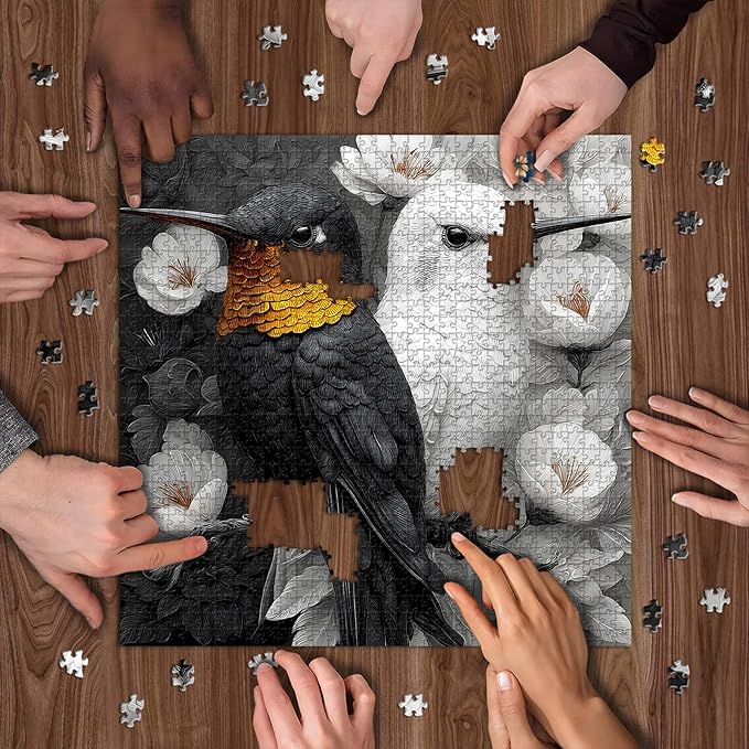 PICKFORU Yinyang Hummingbirds Jigsaw Puzzles 1000 Pieces for Adults, Black White Hummingbird Adult Puzzles, Nature Balance Animal Flowers Puzzle