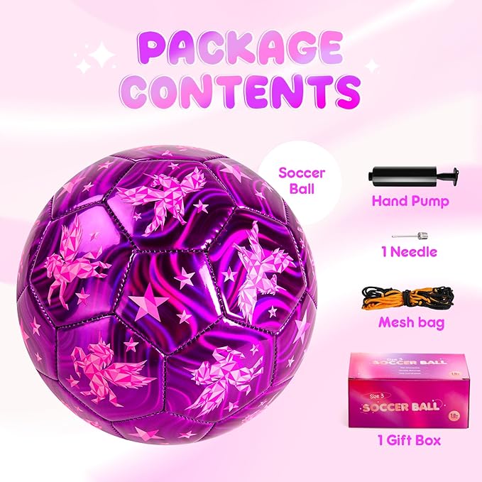 Soccer Ball Size 2 Size 3 Size 4 For Toddlers Kids Ages 1-3 3-8 8-12 - Glitter Unicorn Dinosaur Design - Sports & Outdoors Ball with Pump Deflated - Gift for Girls Boys Children Youth School Birthday