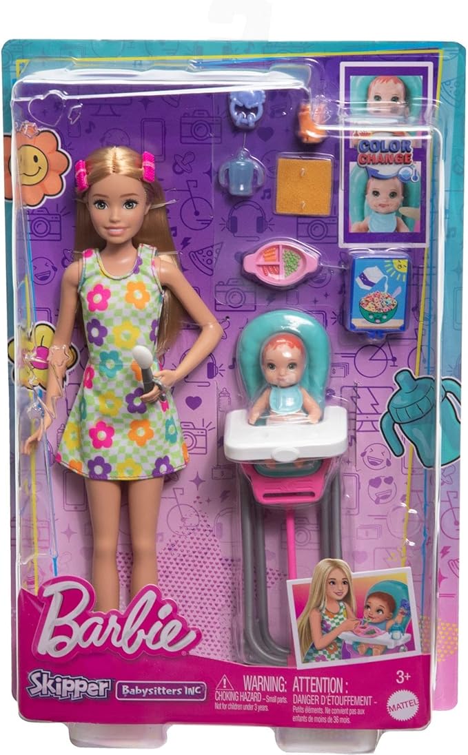 Barbie Skipper Doll & Playset with Accessories, Babysitting Set Themed to Mealtime, Color-Change Toy Play