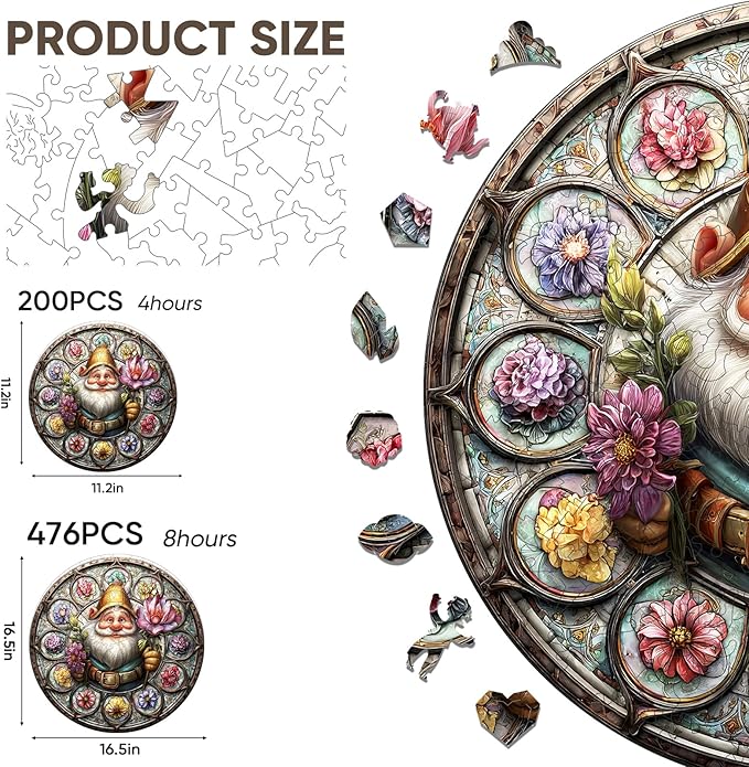 Mocfesk Wooden Puzzles for Adults, Gnome Jigsaw Puzzles, Unique Shaped Lotus Flower Puzzles for Kids, Family Fun Home Decor 16.5 x 16.5 in