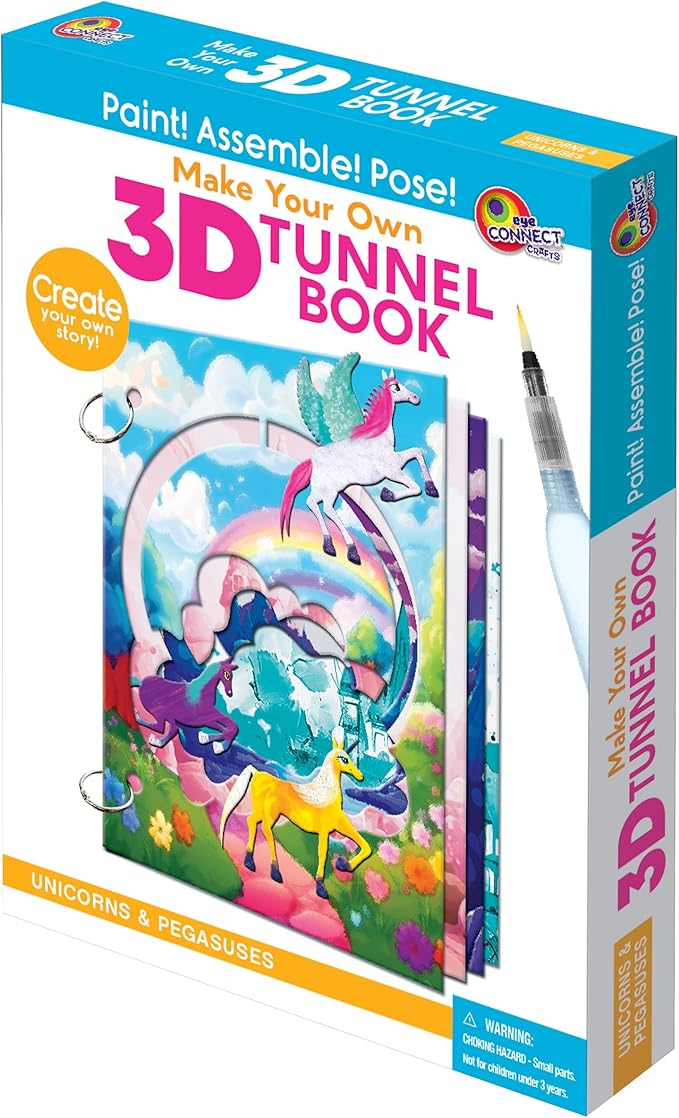 MAKE YOUR OWN 3D TUNNEL BOOK - UNICORNS & PEGASUSES | Medium Size DIY Book Art & Craft Kit | Build, Paint & Draw Your Own Book with Mini Animals | Award-Winning STEAM Stationary Set | Ages 3+