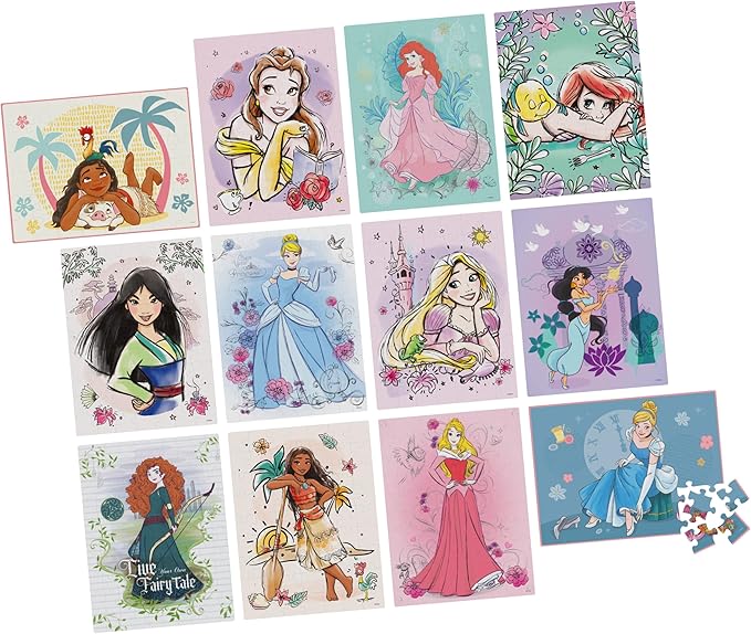 Spin Master Games, Disney Princess 12-Puzzle Bundle - Moana, Ariel, Mulan, Cinderella & More, with 48-Piece, 63-Piece, & 100-Piece Disney Puzzles for Kids, for Ages 4 & Up