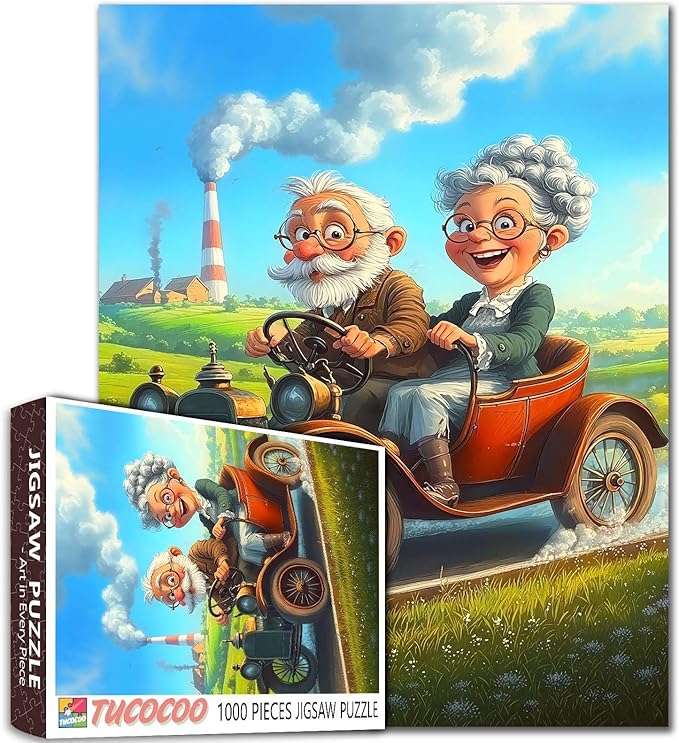 Old Man and Old Woman Jigsaw Puzzles for Adult 1000 Pieces Romantic Couple Cycling Puzzles Wall Decor Whimsical Grandma Funny Jigsaw Puzzle About Friendship 20''x27”inch Family Game Challengings,
