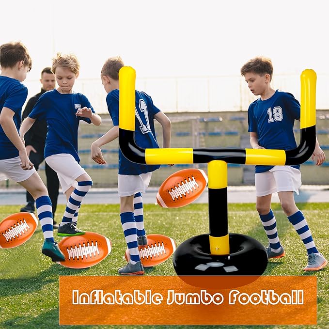 4 Pcs 63 Inch Inflatable Jumbo Football Set Include 1 Pcs Football Goal Post and 3 Pcs Football Balls for Football Party Game Water Playing Outdoor Sport Toys