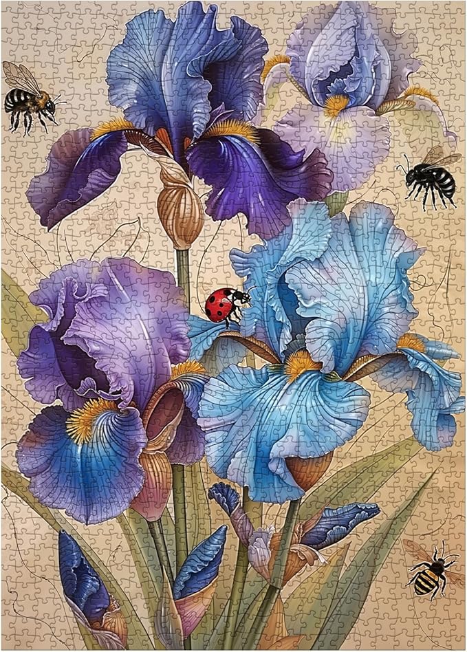 Beautiful Iris Flower Puzzles for Adults 1000 Pieces Spring Nature, Vintage Plant Art Jigsaw Puzzles, Bee Ladybug Floral Landscape Aesthetic Puzzle