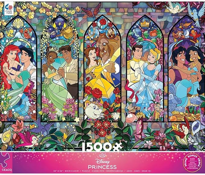 Ceaco Disney Princess Royal Windows Jigsaw Puzzle – 1500 Piece Puzzle for Adults, Stained Glass–Style Princess Artwork, Includes Reference Poster
