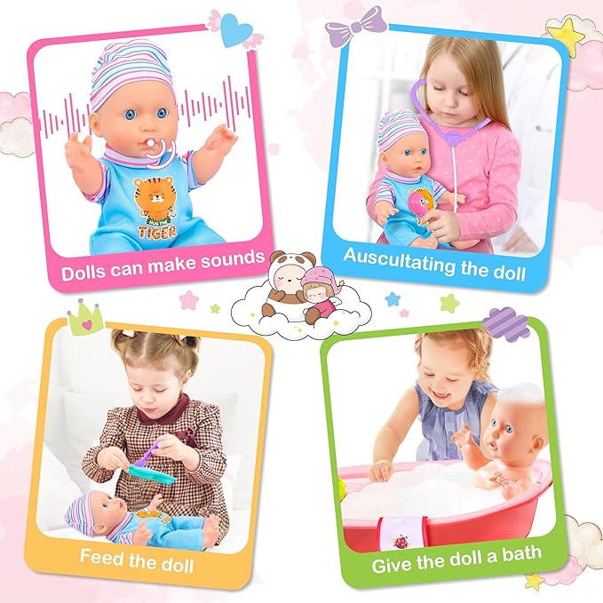 PROOU Baby Doll Care Toys, 30PCS Baby Dolls Bath Set & Doctor Kit, Pretend Play Baby Doll Set, Incl Bathtub, Bathrobe, ECG, Thermometer, Toddlers Toys Gifts for Age 3 4 5 6 Year Old Girls