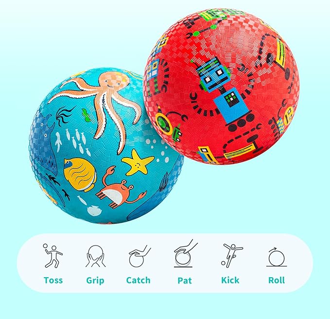 ZOOJOY Pack of 2 Cartoon Playground Balls, Balls for Kids 3+, 8.5" Rubber Balls for Dodgeball, Non-Slip Rubber Bouncy Kickball Set, Indoor & Outdoor Game Toys for Boys Girls with Pump