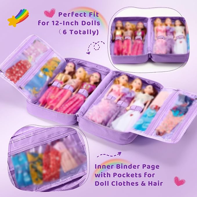 Carrying Case Compatible with Barbie Dolls 12-Inch, Storage Organizer Holder with Handle for up to 6 Dolls, Multiple Pockets for Clothes & Accessories,Travel Portable Storage Bag,Purple