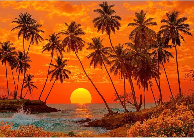 Puzzles for Adults 1000 Pieces, Tropical Sunset Beach Jigsaw with Letters on Back, Palm Trees & Ocean Waves, 28x20 Inch Wall Art, Relaxing Family Game, Easter