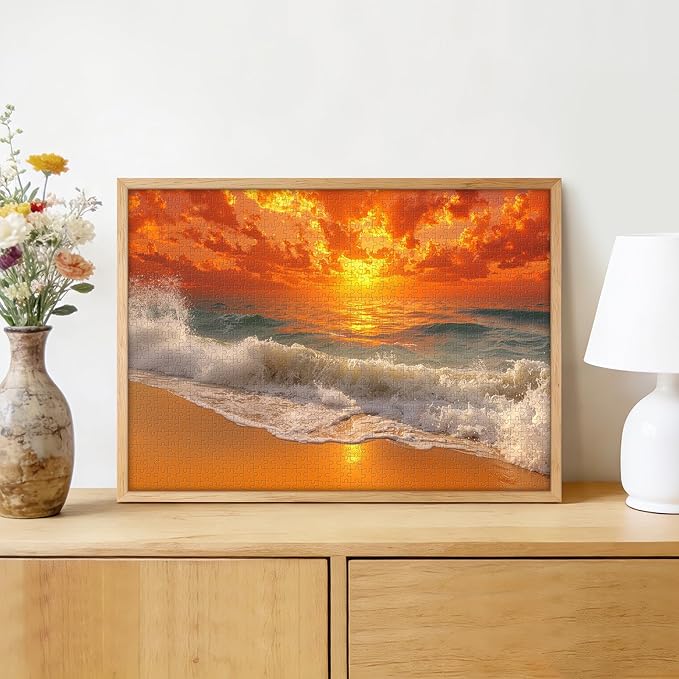 Beach Sunset 1000 Piece Puzzle for Adults - Coastal Landscape Art, Fiery Ocean Scene, Poster & Lettered Back, 28"x20" HD, Gift for Nature & Travel Lovers