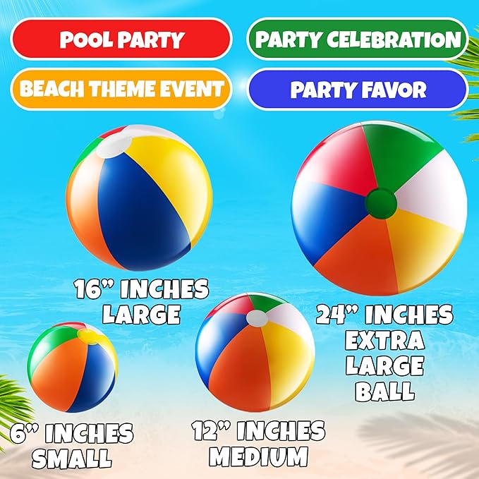Bedwina 4-Pcs Assorted Inflatable Beach Balls - Rainbow Beach Balls for Kids in 6", 12", 16", 24" Sizes - Colorful Blow Up Pool Toys for Beach Games, Summer Party Decor & Outdoor Fun
