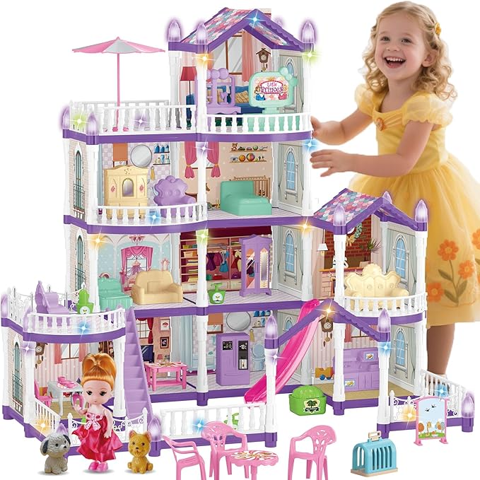 Villa Toy House for Girls, 4 Stories 10 Rooms Villa Playhouse with Princesses Slide Accessories, Lights, Furniture, stairs, DIY pretend toddlers playset kit for 3 4 5 6 7 8 9 10 Year Old Kids (purple)