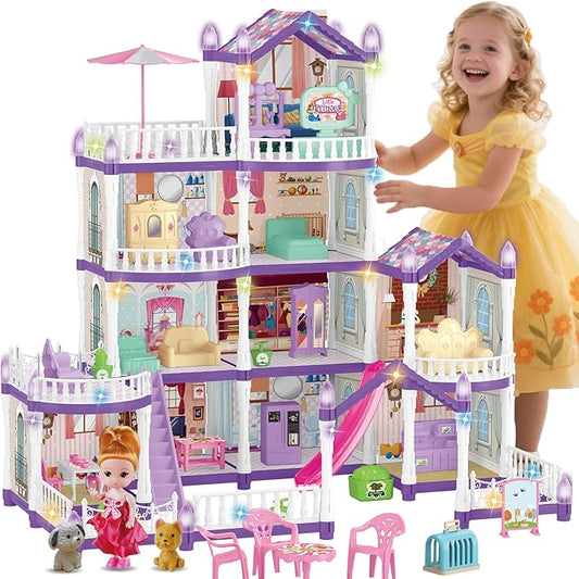 Villa Toy House for Girls, 4 Stories 10 Rooms Villa Playhouse with Princesses Slide Accessories, Lights, Furniture, stairs, DIY pretend toddlers playset kit for 3 4 5 6 7 8 9 10 Year Old Kids (purple)