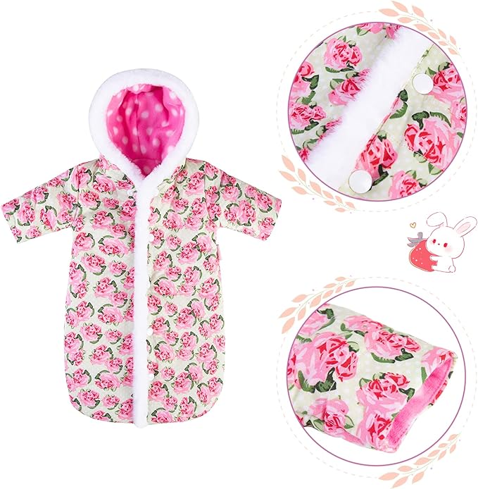Doll Jumpsuit Sleeping Bag Handmade Doll Clothes Hooded Romper Pink Rose Winter Hoodie Doll Accessory Soft Thick Swaddle Blanket Fit for 18" Dolls (Doll not Included)