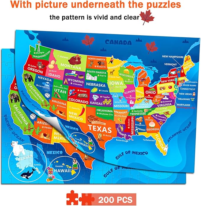 United States Map Puzzle for Kids Ages 6-8 8-10 10-12 - 200 Piece Floor Jigsaw with Poster - Educational USA Geography Jigsaw with 50 States & Capitals - Large Map Puzzle STEM Gift for Boys and Girls