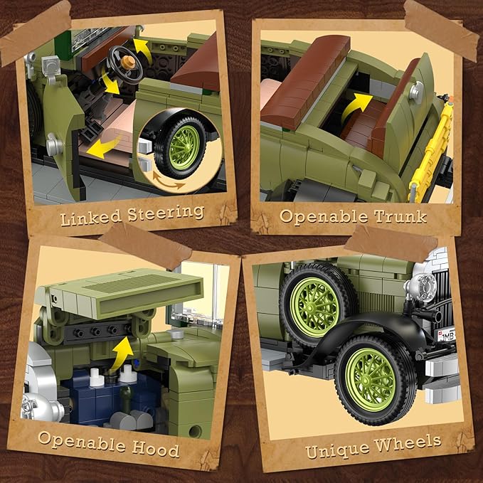 JMBricklayer Vintage Cars Building Sets for Adults with Lights 50001, Classic Retro Model Car Kits, Antique Cars Collectible Display Decorations, Building Toys Gifts for Men Women Boys Girls(1297 PCS)