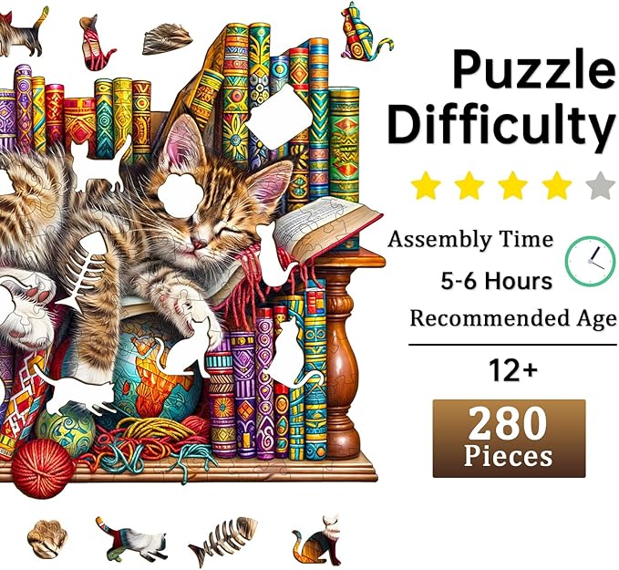 Jigfoxy Wooden Puzzles for Adults, Cat Wood Puzzle for Adults, Unique Animal-Shaped Wooden Jigsaw Puzzle, Christmas Thanksgiving Gifts for Puzzle Lovers, Family and Friends (L-13.4 * 10.8in-280pcs)