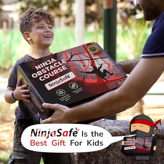 Ninja Obstacle Course for Kids Backyard - 10 Durable Obstacles and 15m Slackline - Outdoor Playset Equipment for Girls & Boys with Climbing Net & Ladder, Wheel, Warrior Gymnastics & Monkey Bars