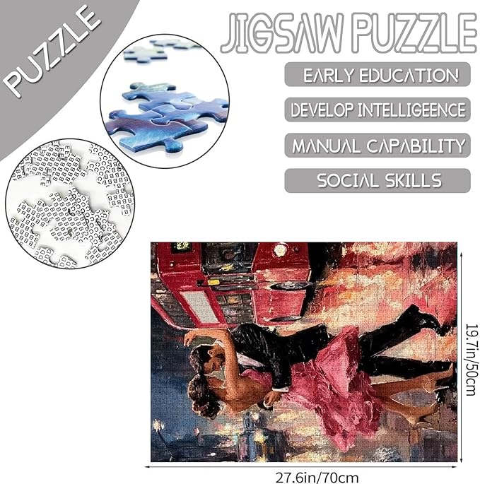 Romantic Dancing Couple 1000 Piece Jigsaw Puzzles for Adults Man and Woman Painting Jigsaw Puzzle Cityscape,Bus 1000 Pieces Puzzles Game Home Wall Decor DIY Craft Valentines Puzzle Art(Colorful)