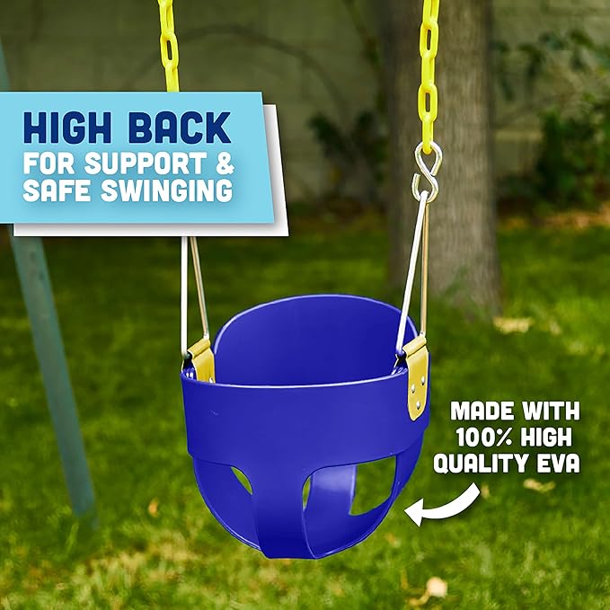 Original High Back Full Bucket Toddler Swing Seat with Plastic Coated Chains and Carabiners for Easy Install - Blue - Squirrel Products