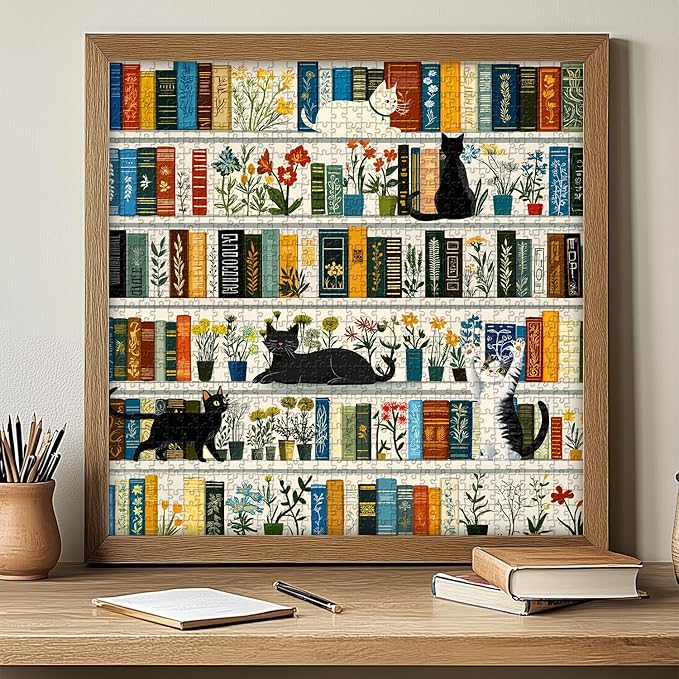 Retro Bookshelf Book Jigsaw Puzzles 1000 Pieces, PICKFORU Vintage Cat Flower Puzzles for Adults Wildflower, Funny Cute Kitten Theme as Wall Decor