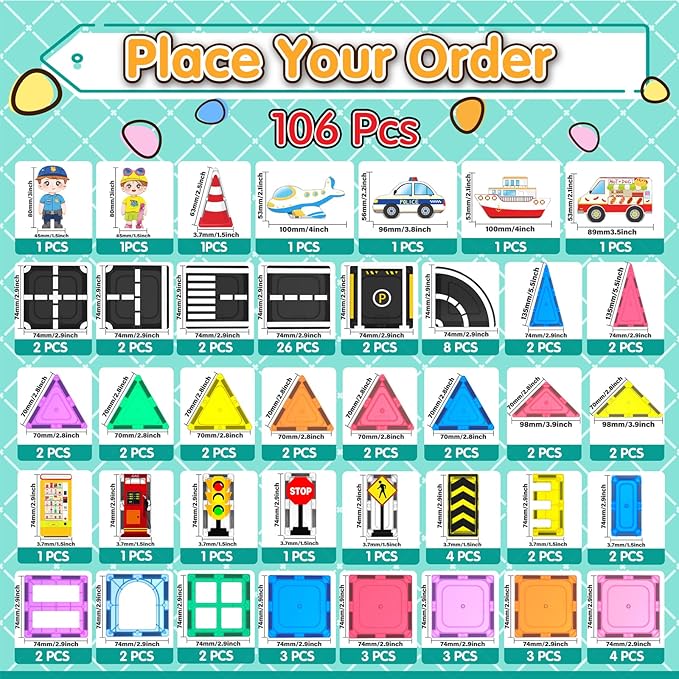 106Pcs Magnetic Tiles, Magnetic Building Blocks, Preschool Montessori Toys Gift for 3+ Year Old Boys and Girls, Sensory Toys for Kids Aged 3-5 and 4-8, Ideas for Toddler with Autism Christmas