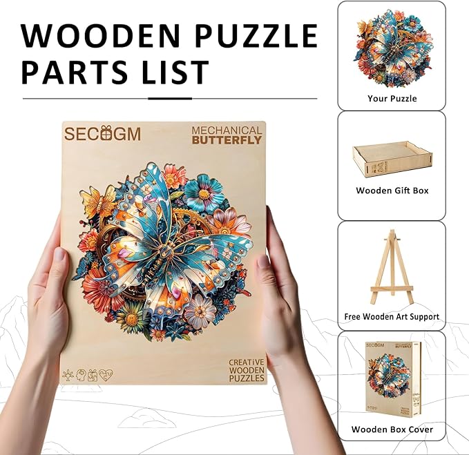 Wooden Jigsaw Puzzles for Adults - Mechanical Butterfly Wood Puzzles Adults - Unique Animal Shape Wooden Puzzles for Adults - Birthday Gifts for Puzzle Lovers, Family (8.4 * 8.4in-100 Pieces)