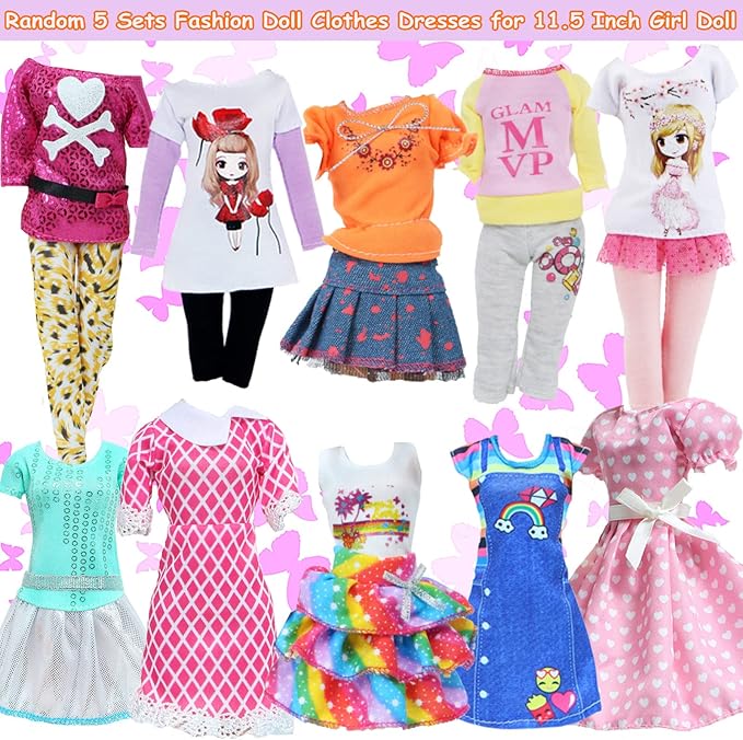 5 Sets Fashion Doll Clothes Dresses Tops and Pants for 11.5 inch Girl Doll Outfits Random Styles Doll Accessories