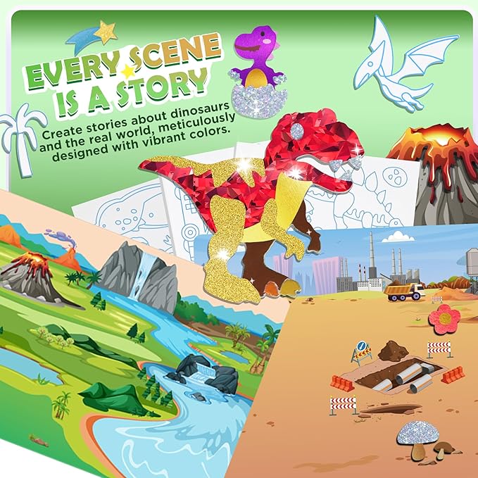 Fun Foil Art Craft Kits, 2 In 1 DIY Dinosaur & Space Creative Sticker Coloring Activity, Travel Toys, Arts and Crafts for Kids 4-6, No Mess Art Craft Supplies, 4 5 6 7 8 9 10 Year Old Boy Girl Gifts