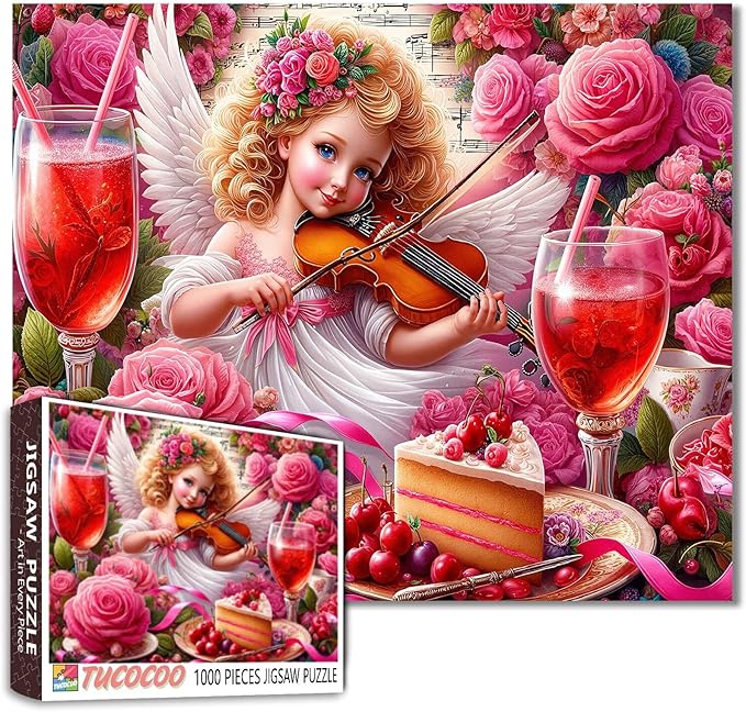 Angel Girl with Wings Puzzle 1000 Piece Jigsaw Puzzle for Adults– Pink Roses Art Puzzle DIY Crafts Puzzles for Valentine's Day Gift，Challenging Puzzle Perfect for Game Nights(27"x20")