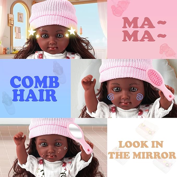 SMILESSKIDDO Baby Doll, 12 inch Black Interactive Talking Doll with Hair, Mirror, Comb Accessories, Soft Vinyl Body & Sounds – Perfect Pretend Play Toy for Toddlers Girls 2 3 4 5 6