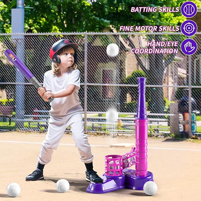 2 in 1 T Ball Sets for Kids 3-5,Tee Ball Set with 10 Balls,Step on Pitching Machine,Teeball Batting Tee,Baseball Toys Outdoor/Indoor Sport Toys Gift for 3 4 5 6 7 8 Year Old Kids Girls