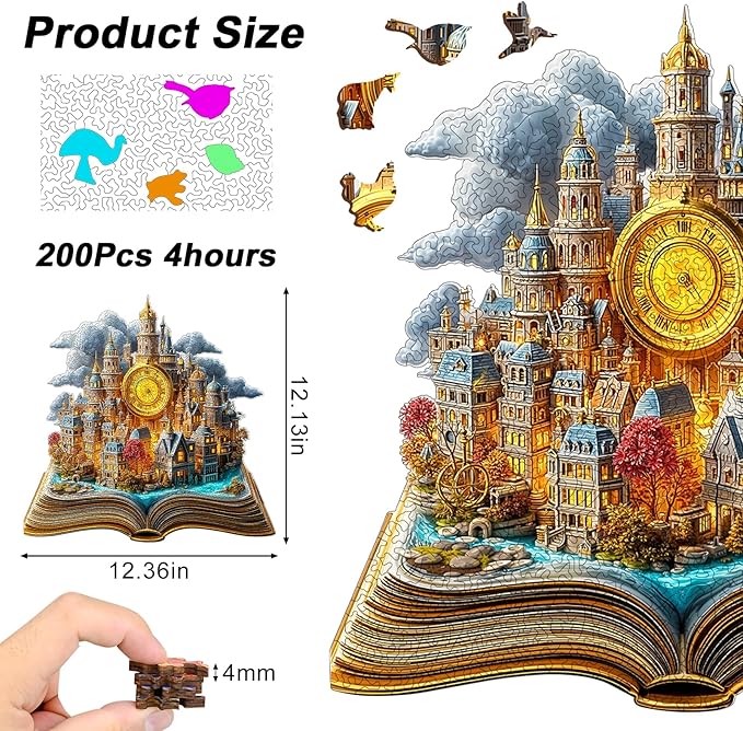 Wooden Puzzles for Adults, 210 Pieces Unique Animal Shaped 3D Book Castle Puzzle, Easter Gift for Mom, Mother's Day Wooden Jigsaw Puzzle with Storage Box