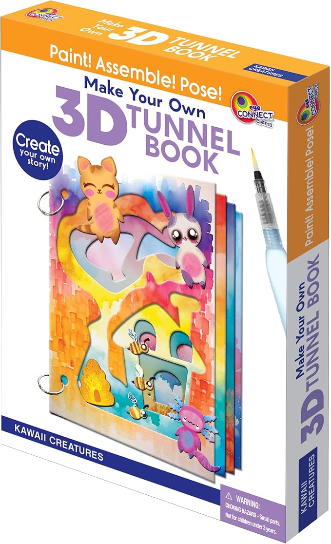 EyeConnect Crafts Make Your OWN 3D Tunnel Book - Kawaii | Medium Size DIY Book Art & Craft Kit | Build, Paint & Draw Your Own Book with Mini Animals | Award-Winning STEAM Stationary Set | Ages 3+
