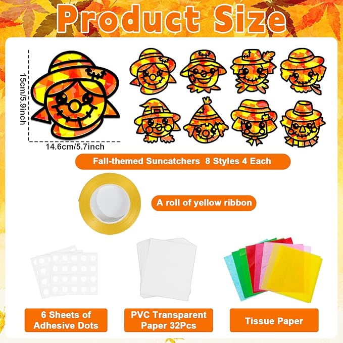 QOUBAI 32 Sets Fall Scarecrow Suncatchers Craft Kit DIY Window Stained Glass Effect Autumn Scarecrow Paper Crafts Home School Classroom Decoration Kid Birthday Gift Creative Art Project Activity Game