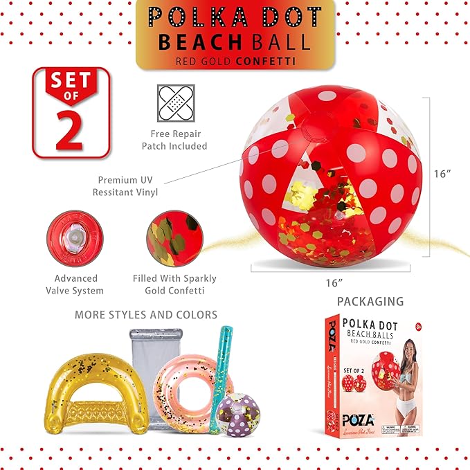 POZA Inflatable Beach Balls - Elegant Glitter Confetti Premium Floaters, Heavy Duty Vinyl Floatation Pool Toys for Pool Beach Party, UV Resistant Pool Décor