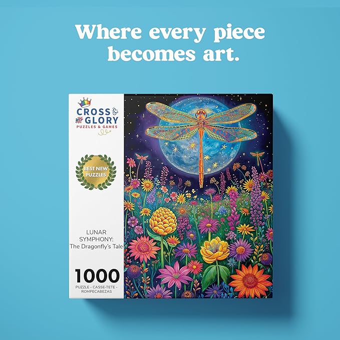 Cross & Glory - 1000 Piece Jigsaw Puzzle for Adults | Lunar Symphony: The Dragonfly’s Tale | Best New Enchanted Nature Puzzle | Vibrant Nighttime Artwork| 20x27 Inches | Flower Puzzle