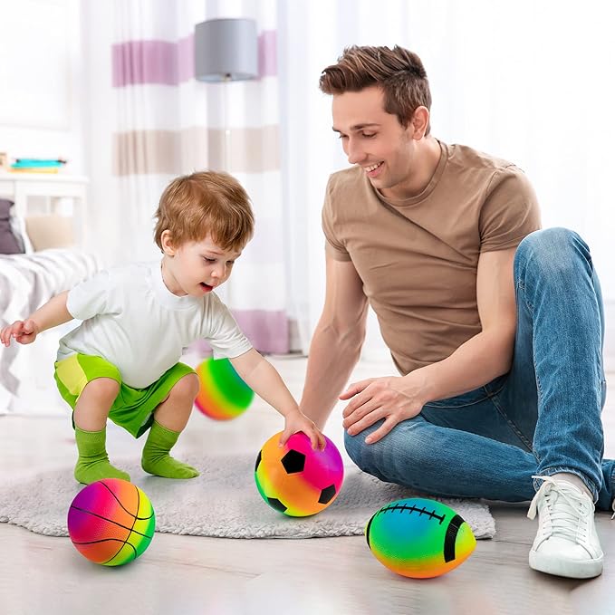 Rainbow Sports Balls Pack of 4, 1 Each of 8.5" Football, Basketball, Soccer and Volleyball for Playground, Inflatable Multi-Sport Ball Set with 1 Pump for Kids Outdoor Activities