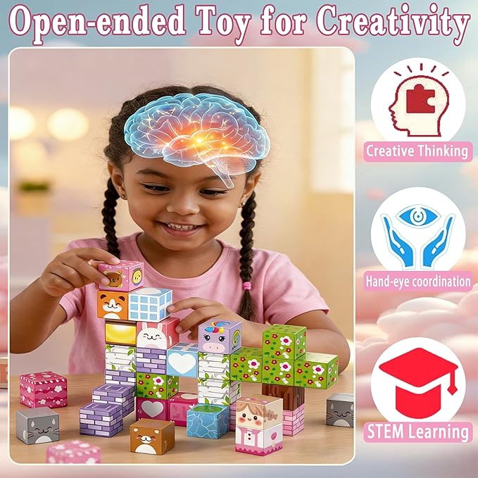 Magnetic Building Blocks - 40 PCS Animal Cubes Set with Cats Bears Unicorns & Storage Case, 2cm STEM Educational Toys for Kids Ages 3-8
