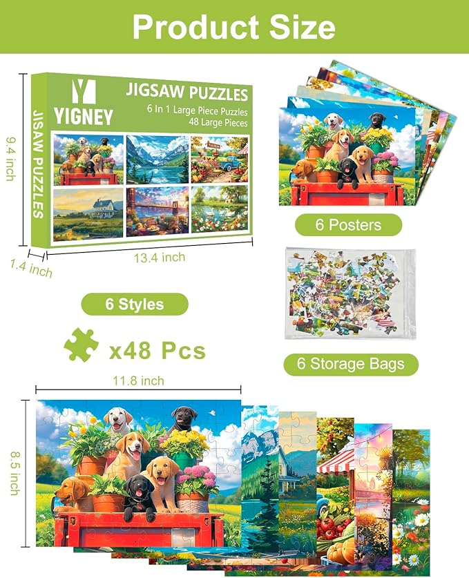 Yigney 6 Pack 48 Large Piece Jigsaw for Seniors Alzheimer Products for Elderly Dementia Activities Memory for Patients in Nursing Home with Storage Box