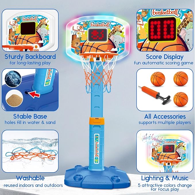 Toddler Basketball Hoop Indoor for Age 1-3, Kids Basketball Hoop with Led Light Scoreboard, Adjustable Basketball Goal with 3 Balls, Outdoor Sport Toy for 1 2 3 4 Year Old Baby Boy Girl Birthday Gift